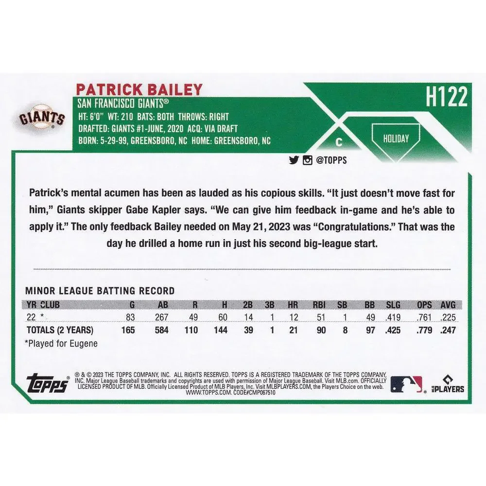 2023 Topps Holiday Patrick Bailey RC H122 San Francisco Giants